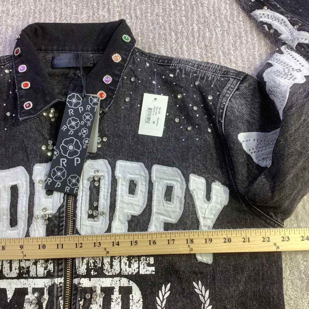 Red‎ Poppy Mens Black Wash Embellished Graphic Denim Jacket Size M NWT